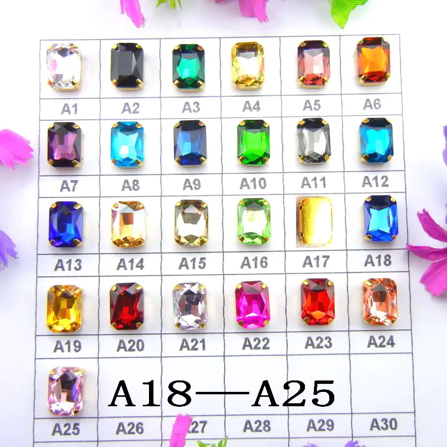 

[A18-A25] Gold claw settings 7 Sizes nice colors Rectangle shape glass Crystal Sew on rhinestone beads appliques diy trimming