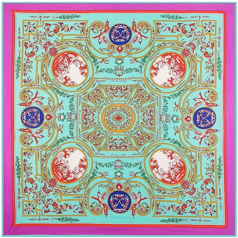 

POBING Luxury Brand Woman Square Scarves Wraps Vintage Geometric NecKerchief Original Design Ethnic Vase Silk Foulard Head Scarf