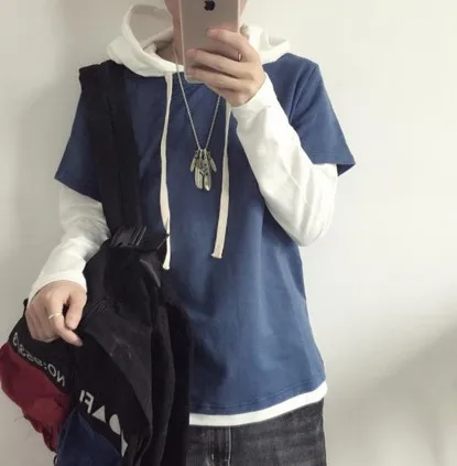 

Hip Hop Men with Hat Hoodies & Sweatshirts Mens Hoodie Patchwork Long Sleeved Thin Loose Korean Style New Male Students Clothing