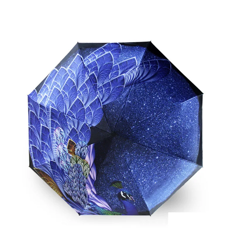 

Windproof Black Coating Sun Umbrellas Women Three-fold Umbrella Pencil Rainy Travel Pocket Parasol Umbrella Peacock Painting