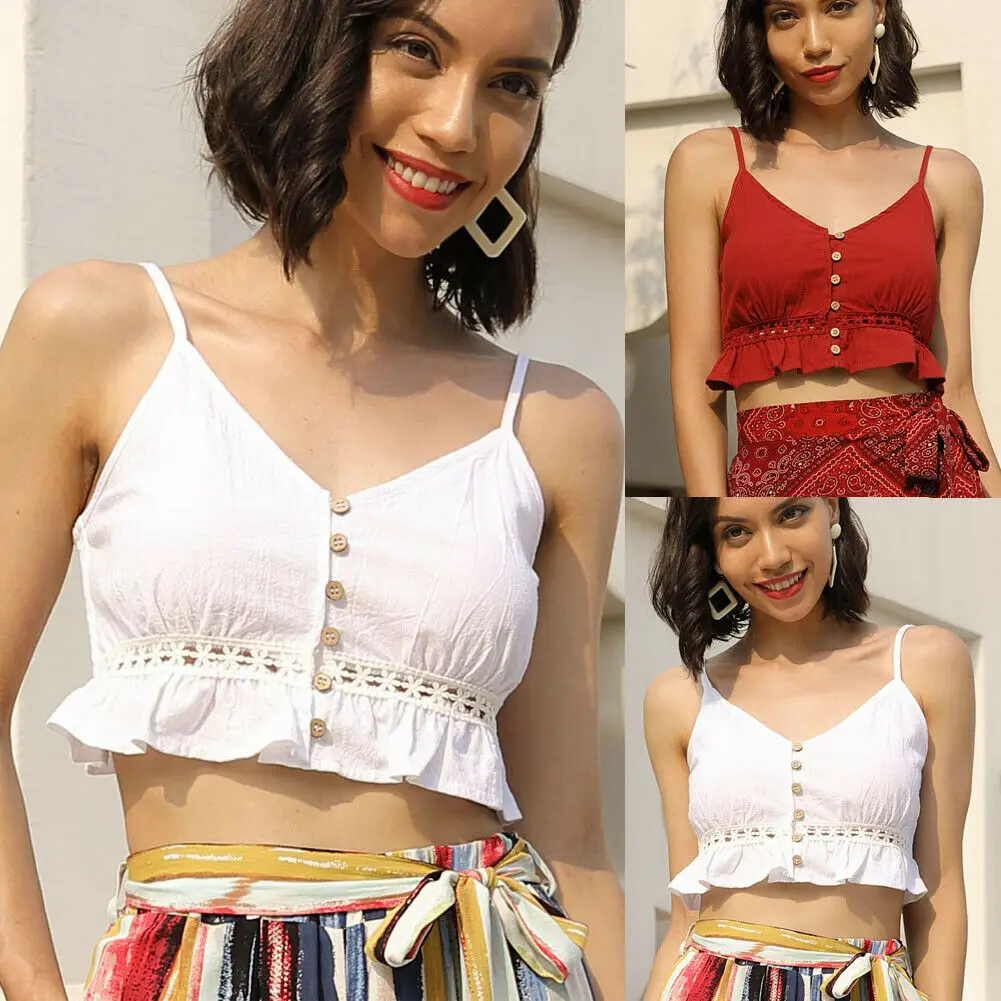 

Fashion Women Casual V Neck Camisole Button Tank Tops Sexy Straps Camis Ladies Sleeveless Solid Crop Tops