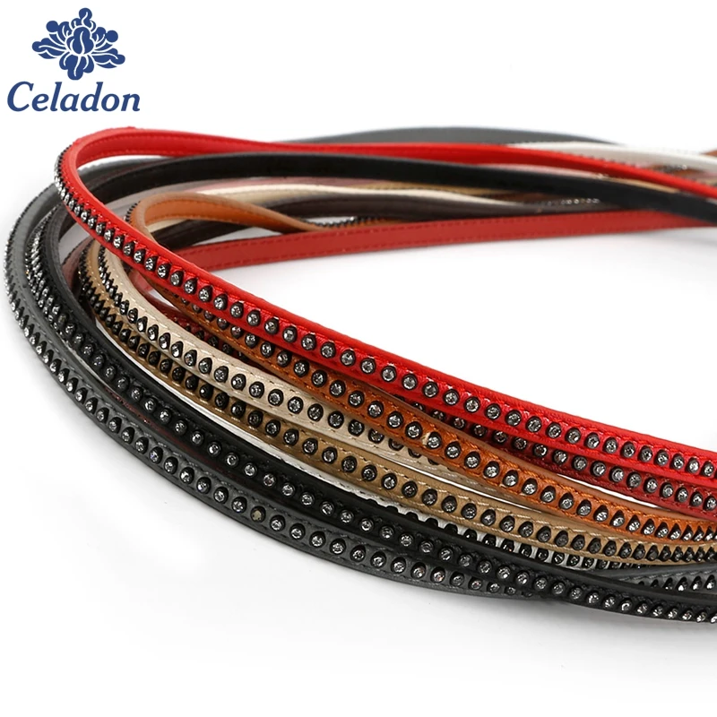 Rhinestone Flat PU leather cords for jewelry making Diy Jewelry