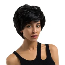 Элемент синтетический " короткий натуральный волнистый парик пушистый черный цвет смесь 50% человеческих волос с бахромой Пикси стрижка для черных женщин