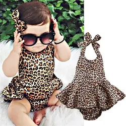 Для маленьких девочек с леопардовым принтом сиамские боди для новорожденных детей Одежда для маленьких девочек без рукавов Холтер боди