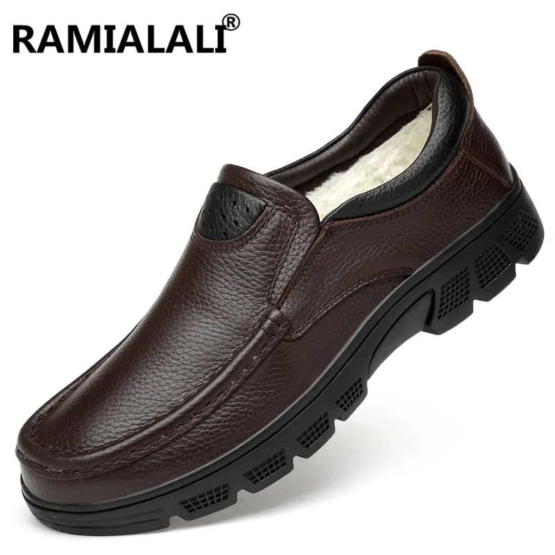 

Ramialali Fashion Genuine Leather Men Casual Shoes Autumn Winter Men Sneakers Keep Warm with Plush Flats Real Leather Loafers