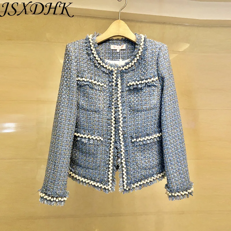 

Small Fragrance Luxury Women Tassel Jacket Coat Runway Autumn Winter Tweed Beading Pearl Diamonds Slim Fringe Weave Overcoat