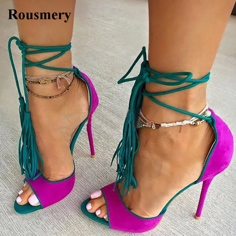 

Newest Fuchsia Suede Leather Lace-up Fringe Gladiator Sandals Color Matched Tassels Thin High Heel Sandals Real Pictures