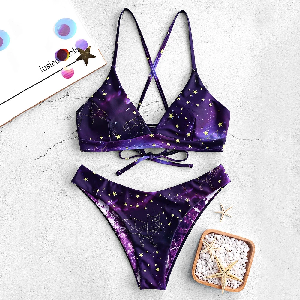 

Women Bikini Galaxy Print Lace-Up Reversible Bikini Set Spaghetti Straps Criss-Cross Swim Suit Wire Free Padded Swimwear 2019