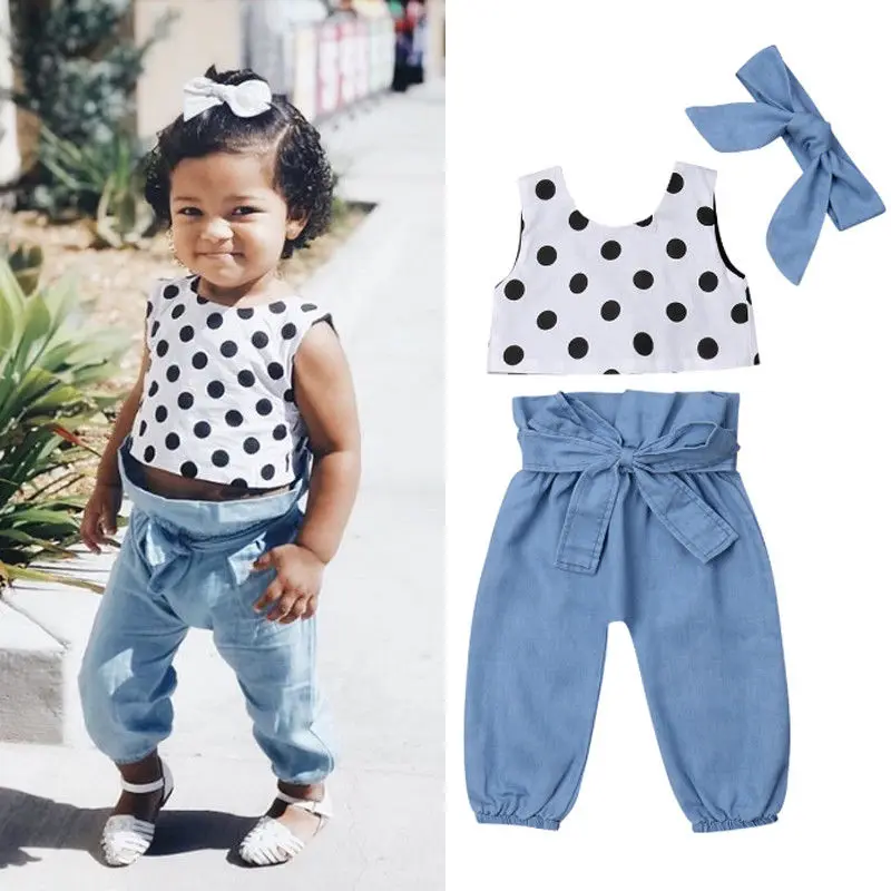 

Emmababy Kids Girls Set Dot Sleeveless Backless Tops+ Blue Long Pants + Headband 3PCS Toddler Baby Infant Girl Clothes 1-6Y