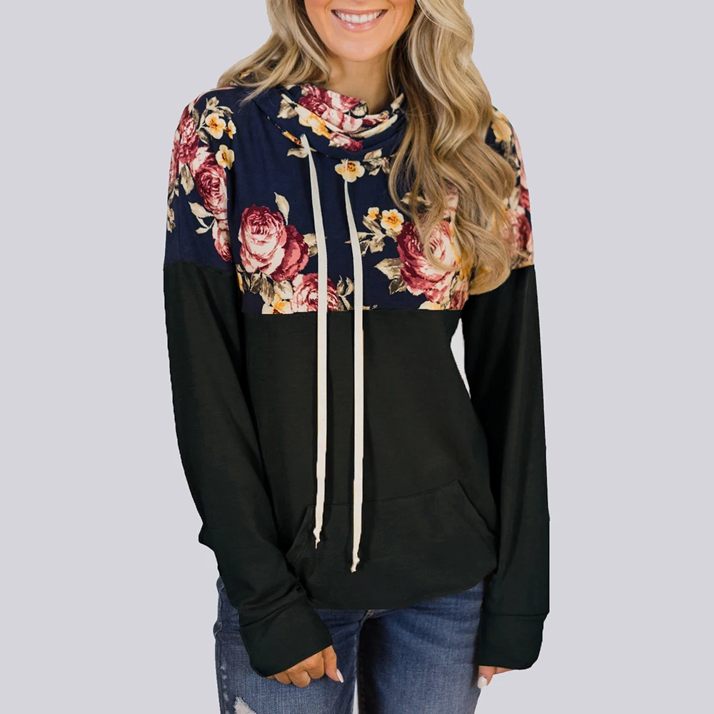  3XL Women's Fashion Sweatshirt Womens Long Sleeve High Neck Floral Print Patchwork Hoodie Sweatshir