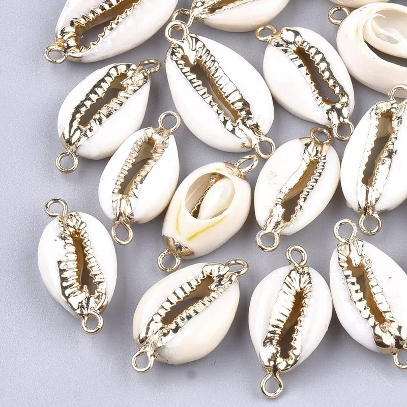 

50pcs Golden Electroplate Cowrie Shell Seashell Links Connector Charms for Bracelet Necklace Jewelry Making ,with Iron Findings