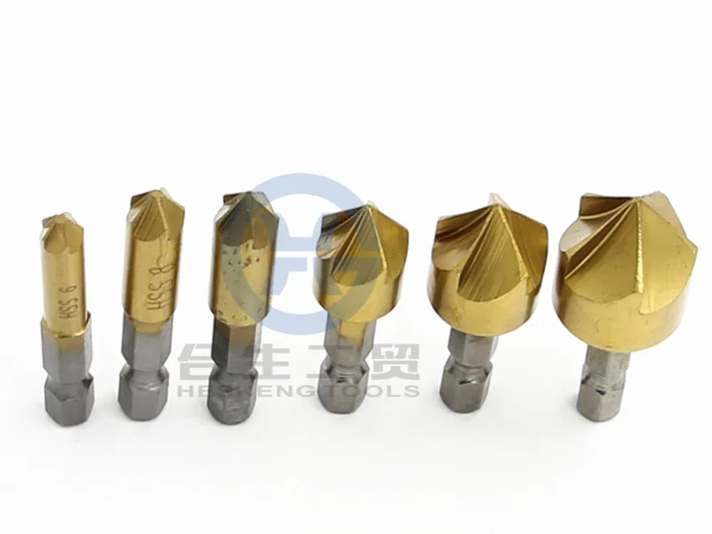 Hex Shank Titanium Plated Five-edge Chamfering Knife Reaming Chamfering Machine 12mm16mm19mm Wood Boring Drill Sleeve