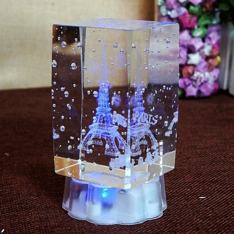 

European 3D Engraving With LED Lights Crystal Tower Rose Ornament Creative Crafts Couple Gift Home Decoration Accessories Modern