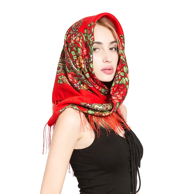 

[FAITHINK] Russian Women Floral Tassel Square Wrap Scarf Active Brand Female Acrylic Bufanda Designer Spring Autumn Stole Shawl