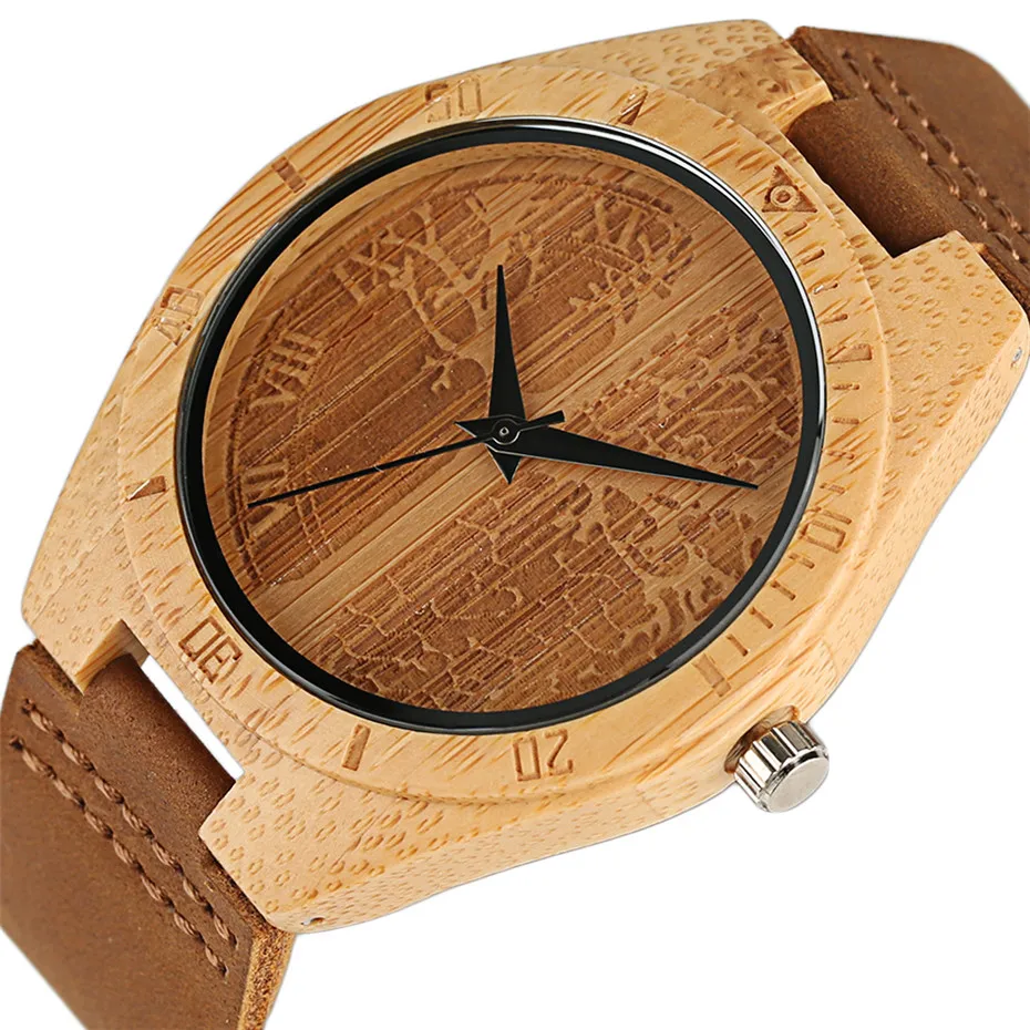 

Bamboo Wood Quartz Men Watches Brown Genuine Leather Watchband Luxury Carving Life Tree Wood Casual Male Clock New 2019