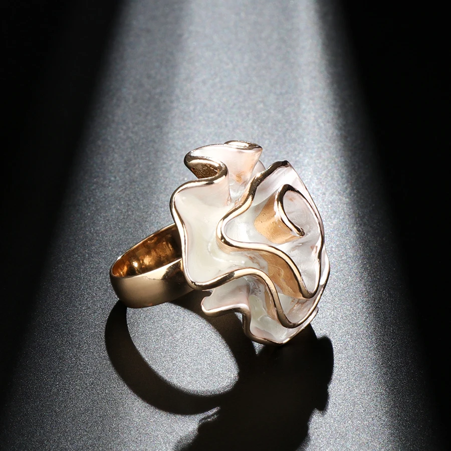 Kinel Hot Fashion White Enamel Rose Ring For Women Gold Color Fold Geometric Model Party Punk Rings Engagement Jewelry