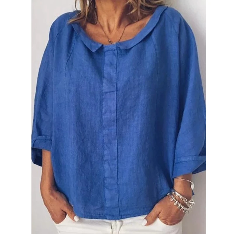 LASPERAL النساء قمم البلوزات 2019 الصيف عارضة كامل كم الربع الصلبة طية صدر السترة الكتان بلوزة الإناث قميص بلوزة زائد حجم