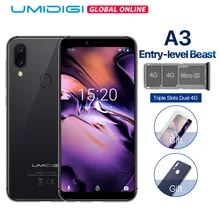 UMIDIGI A3 глобальная лента Dual core 4G 5,5 «incell HD + дисплей 2 ГБ + 16 Гб мобильный телефон 4 ядра Android 8,1 с распознаванием лица 12MP + 5MP смартфон