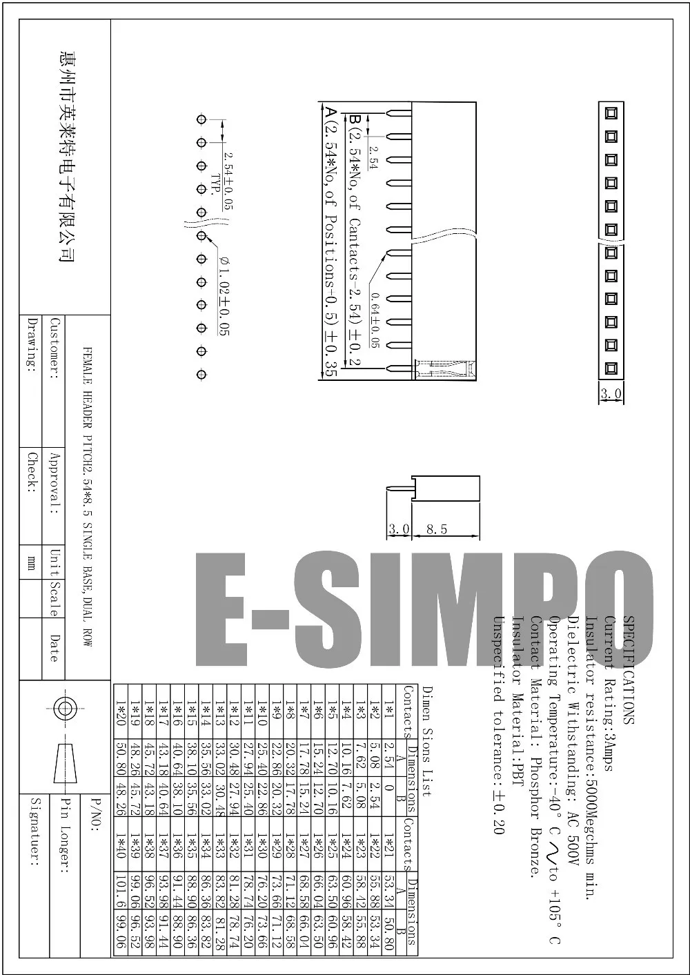 2.54 1x40P female header 180