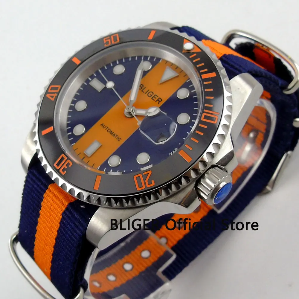 Fashion 40MM BLIGER Orange Blue Dial Ceramic Bezel Wrist Watches
