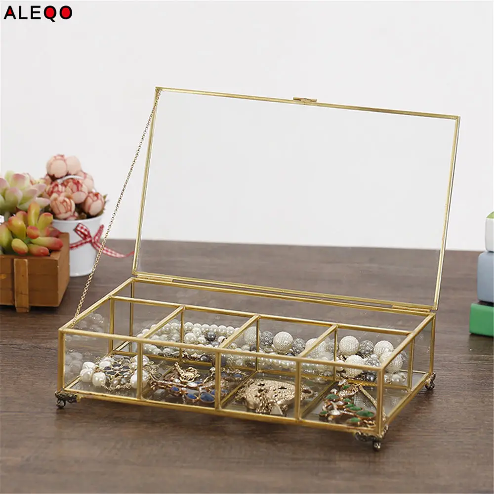 

Nordic Gold Grid Glass Flip Storage Tank Box Luxury Modern Jewery Cosmetics Storage Box Container Micro-landscape Flower Room