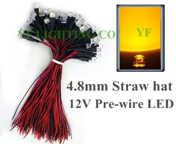 

100PCS Yellow 5mm dip led Pre Wired led DC12V 20mm cable led DIY 4.8mm Straw hat prewired leds led Lamp lighting