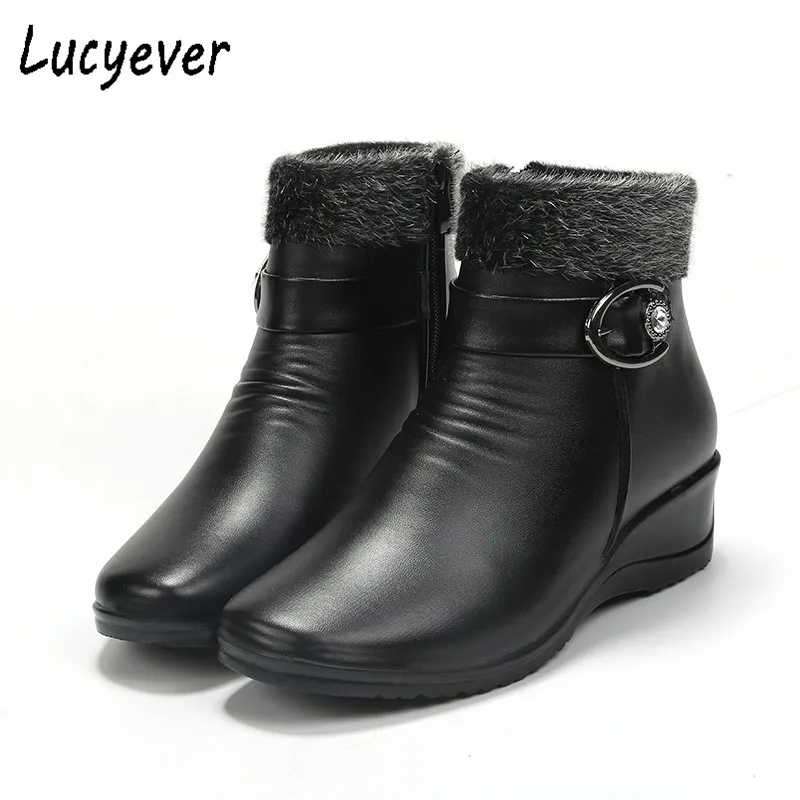 

Lucyever Women Soft Leather Winter Shoes Snow Boots Warm Fur Inside Antiskid Keep Warm Mother Casual Ankle Boots Black Brown