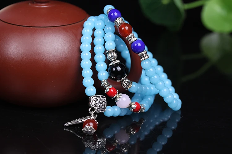 New Fashion 6mm Blue Chalcedony stone beads Tibetan Buddhist 108 Prayer Beads Gourd mala Prayer Bracelet for Meditation Fine Jewelry