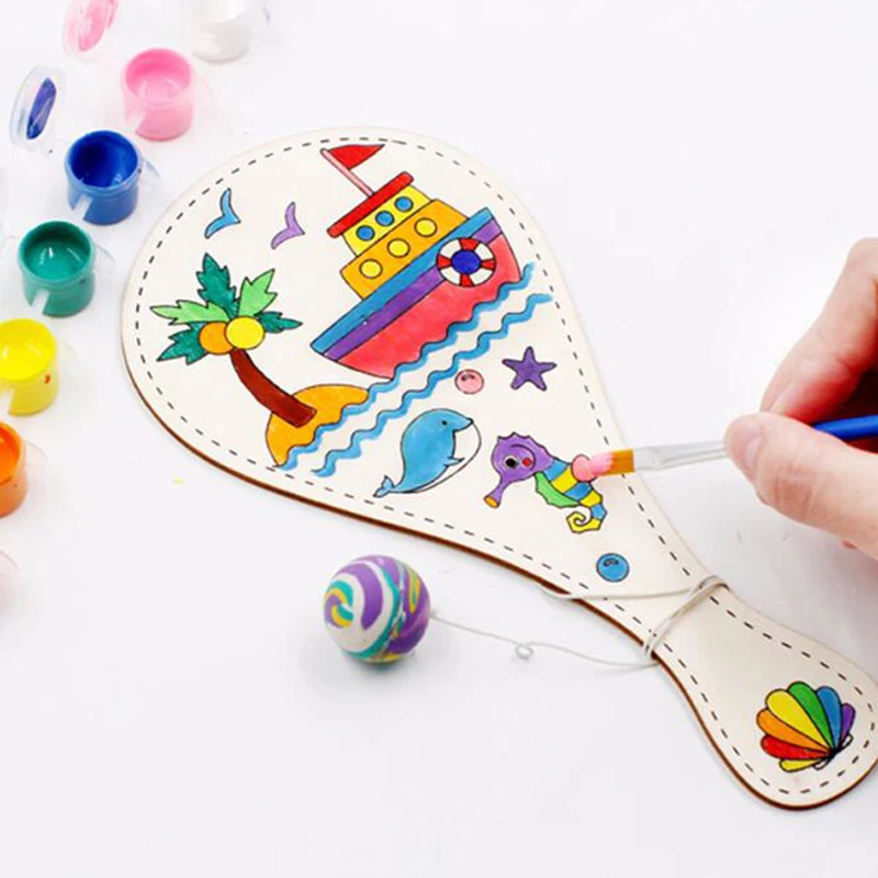

Creative Hot DIY Manual Painting Pat Ball Educational Handmade Game Painting DIY Wooden Toy Racket Graffiti Toys For Children