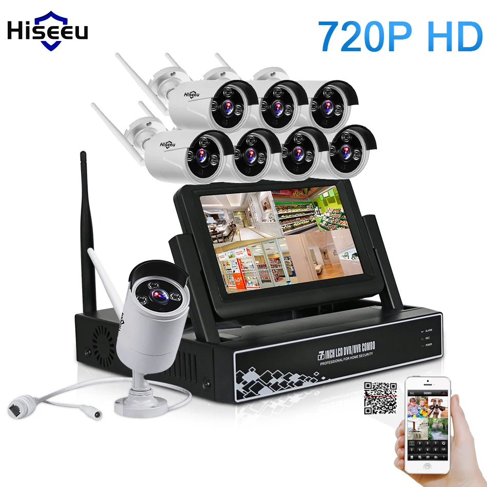 

7 Inch Displayer 8CH 720P Wireless CCTV System Wireless NVR IP Camera IR-CUT Bullet Home Security System CCTV Kit Hiseeu