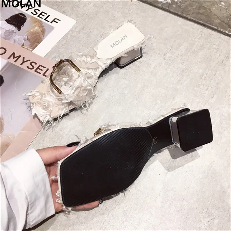 

MOLAN Brand Designers 2019 Summer Luxury Crystal Metal Chain Med Heels Pumps Lady Sandals Shoes Slip On Loafers Mules Flip Flops
