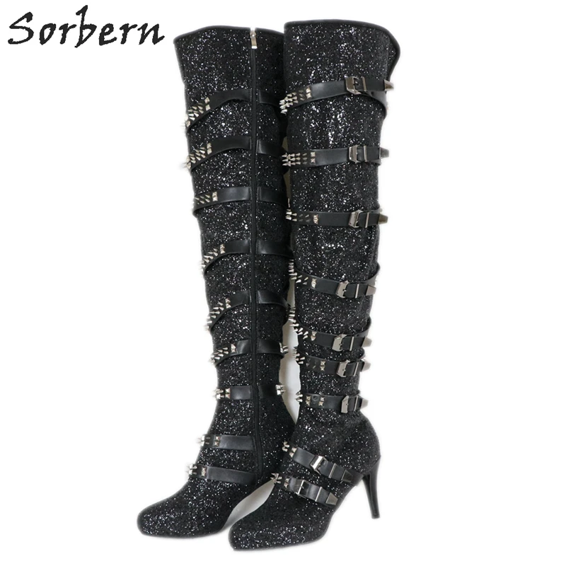 

Sorbern Black Unisex Punk Boots Rivets Straps Studs Thigh High Boot Women Size 5-15 Custom Shaft Length Width Sequins New