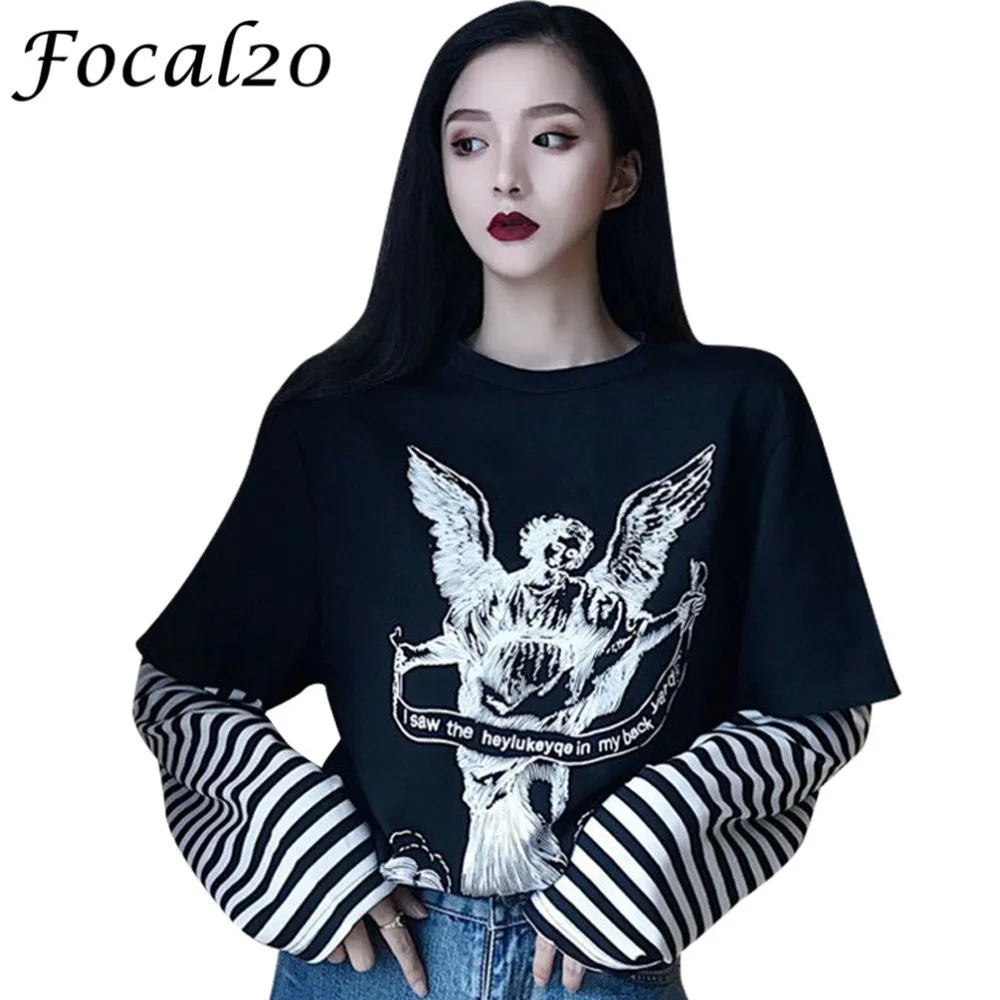 Focal20 الشارع الشهير الملاك أجنحة شريط النساء البلوز البلوز كم طويل السببية البلوز المعتاد فضفاض رياضية
