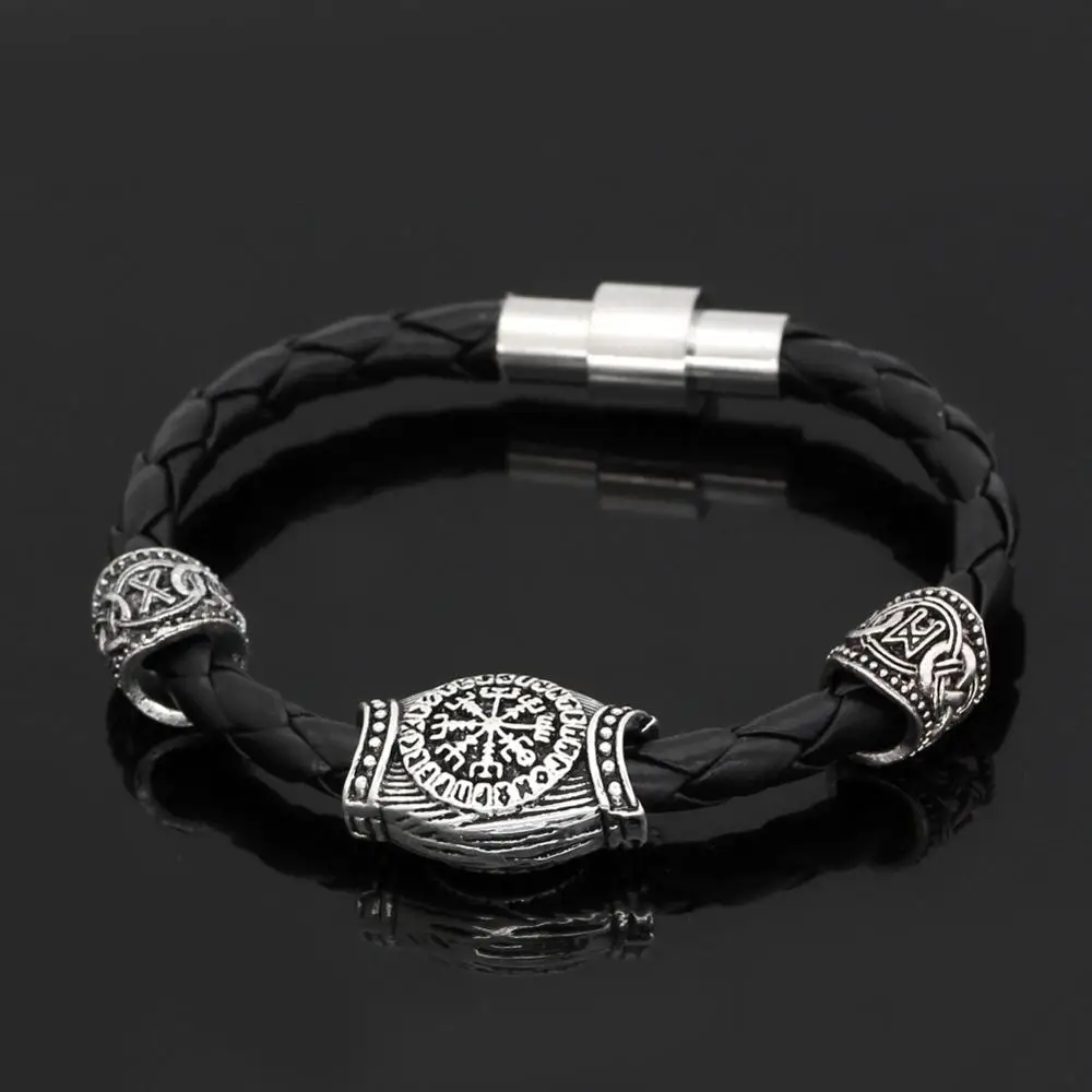 

Nordic Viking Men's Leather Cord Bracelet Pirate Odin Logo Pendant Luna Wenzhu Bracelet