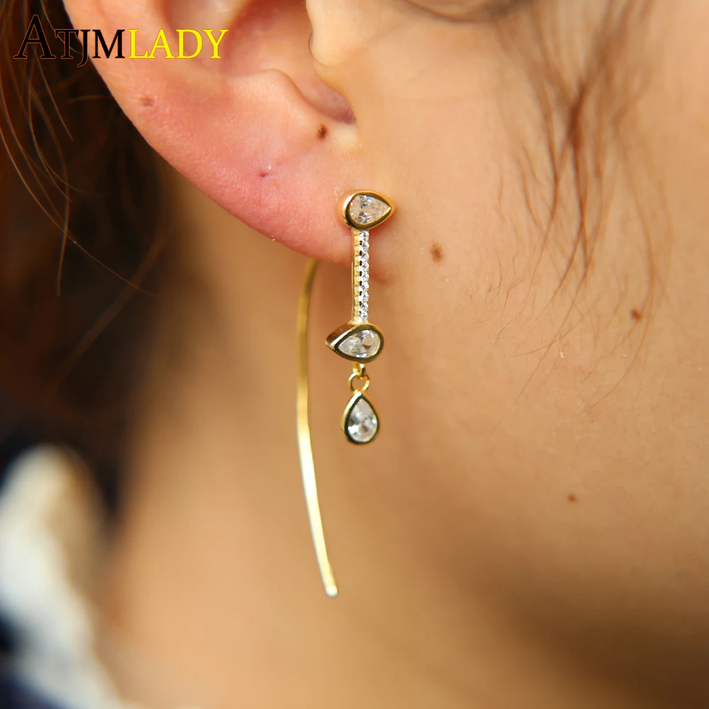 

gold color double side long line ring paved water drop cz earring for women girls in real 925 fine silver delicate thin earrings