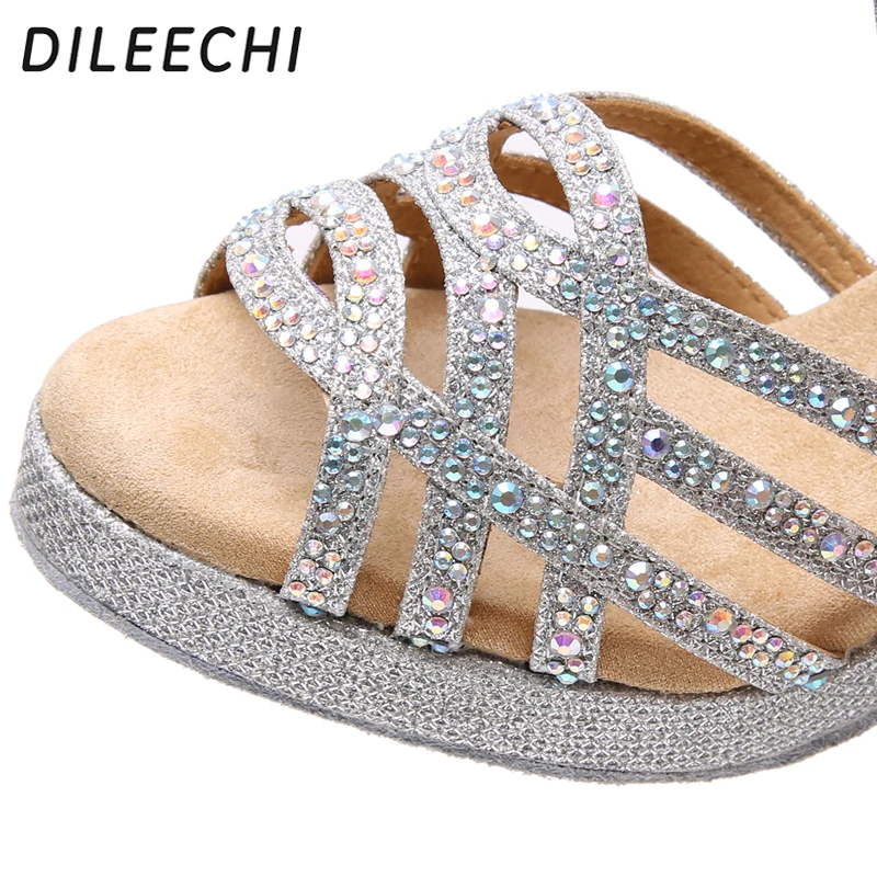 DILEECHI Latin Dance Shoes Women Silver GLITTER Rhinestone Salas Ballroom dancing Shoes width Heel 10cm Waltz with platform 15mm