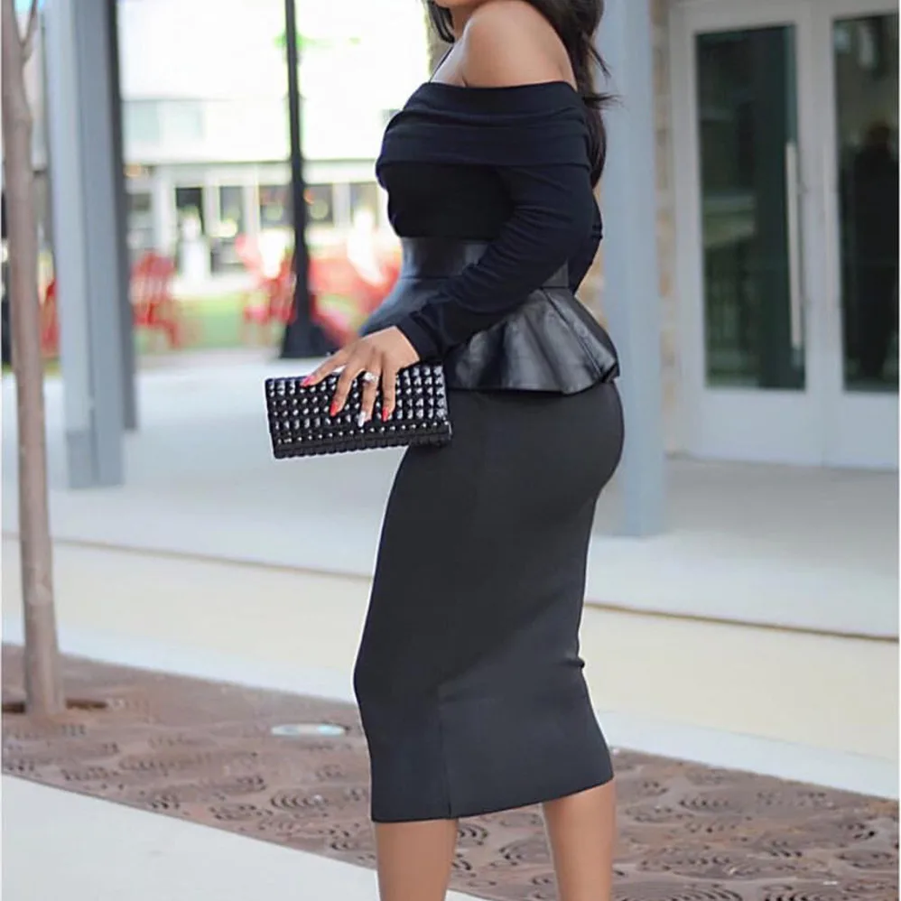 Sexy Bare Shoulder Peplum Patchwork PVC Bodycon Women Dresses Officewear Long Sleeve Package Hip Black Plus Size XXL Female Robe