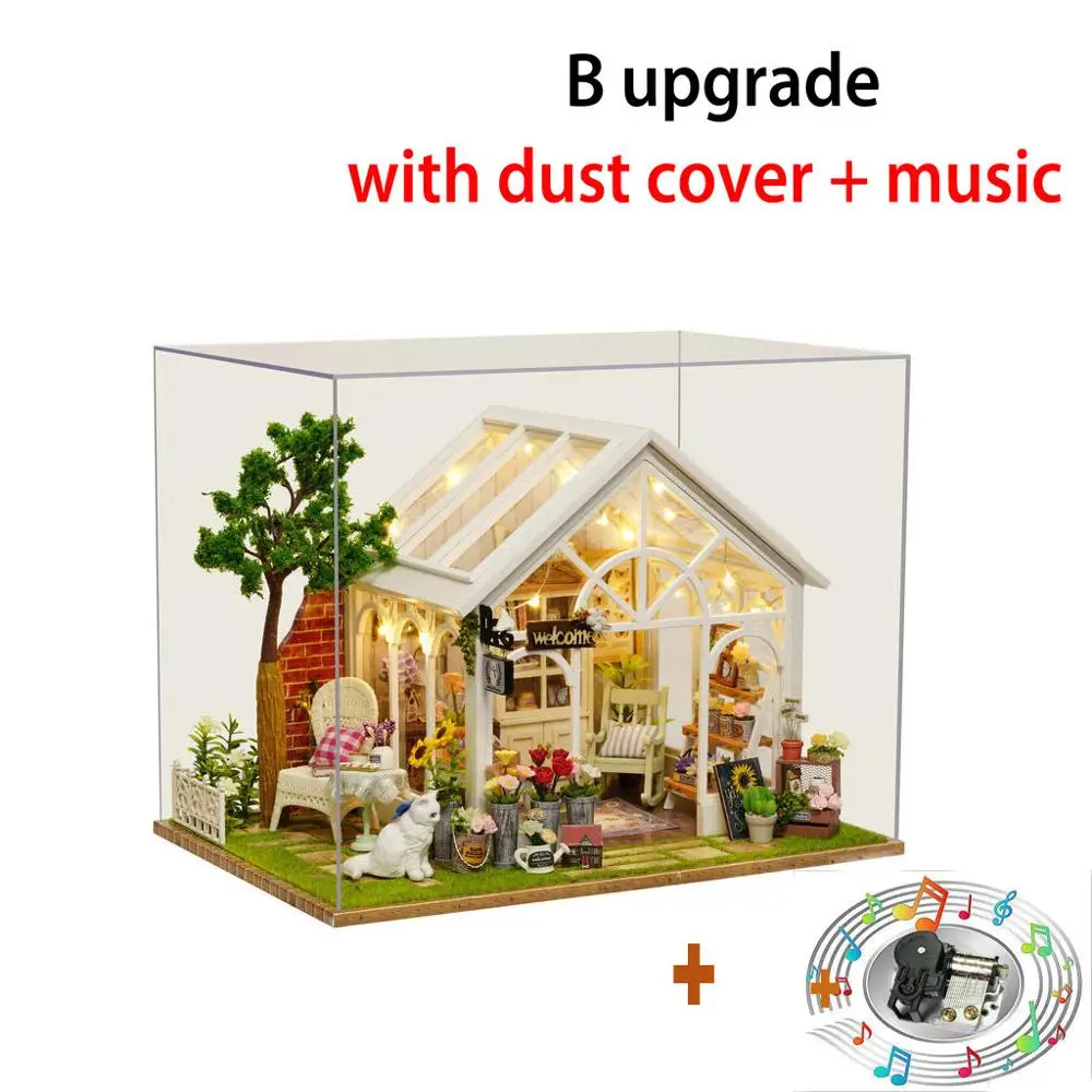 Diy Miniatura кукольный домик теплица Деревянный Кукольный дом модель наборы с музыкой рождественские игрушки для детей девочек подарок на день рождения - Цвет: B upgrade