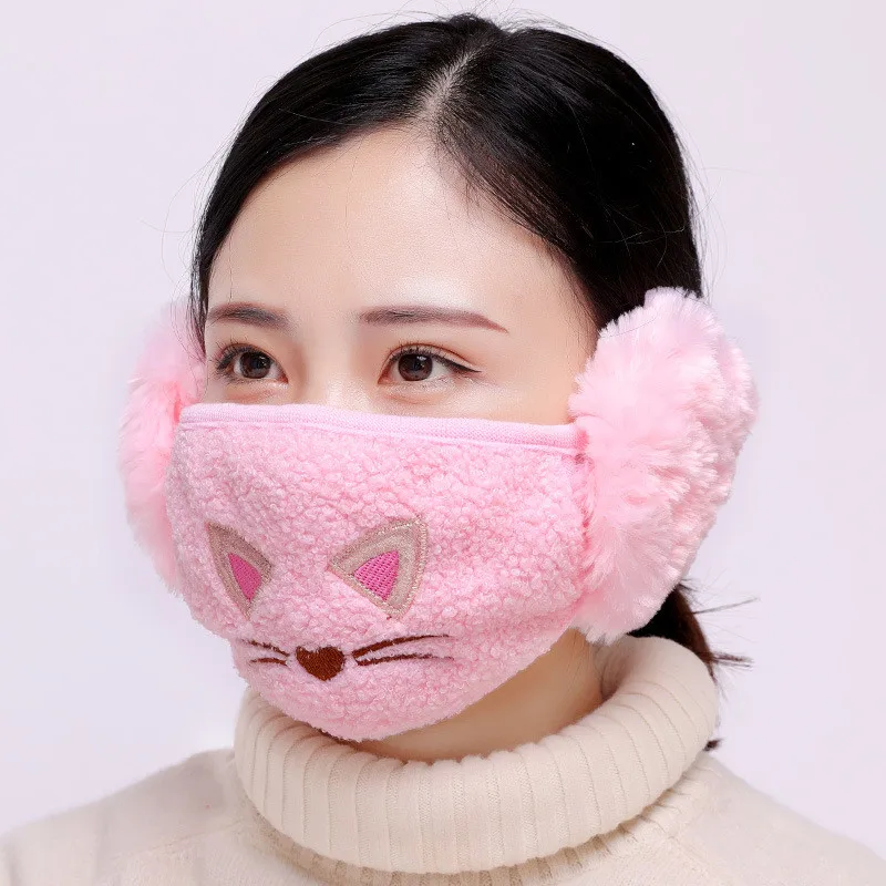Женская зимняя маска для лица, ветрозащитная Милая теплая маска, милые пушистые наушники, марлевая маска, рождественский подарок, лыжная защита#10 - Цвет: Pink