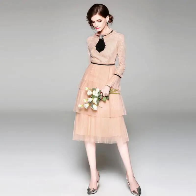 Summer Hollow Pleated Gauze Lace Dress Women Long Sleeve Princess Dress Moda Mujer 2018 Midi Party Dress Strand Jurkjes