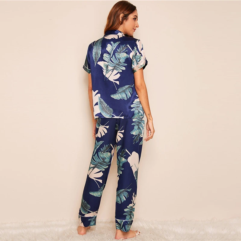 SHEIN тропическим принтом сатиновая Пижама для Для женщин Повседневное короткий рукав белье с карманом летние длинные штаны Нижнее белье Комплект свободных пижам для дам