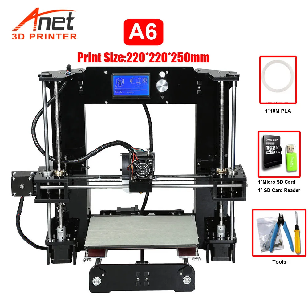 Anet A8 A6/автоматический уровень A8 A6 3d принтер высокая точность печати ЖК-экран Reprap I3 DIY 3d Принтер Комплект нити 8 г SD карта - Цвет: A6 3D Printer