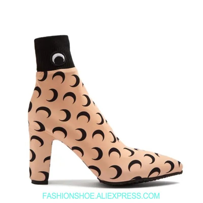 

Spring Summer Moon Sock Boots Chunky Heel Stretch Fabric High Heels Women Ankle Boots Cool Brand Design Motorcycle Boots Slim