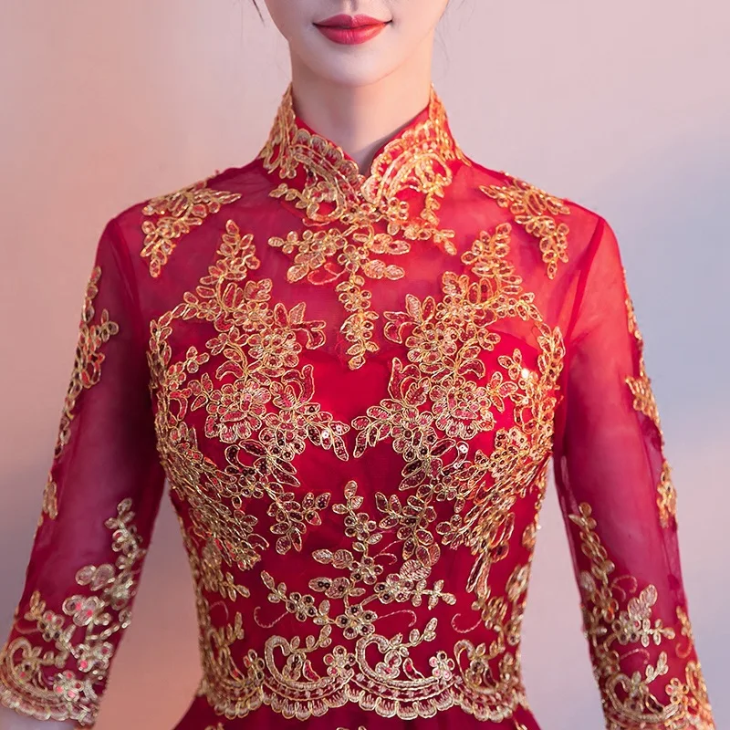 Красное традиционное китайское свадебное платье Cheongsam длинное Qipao свадебное традиционное Классическое женское платье восточные платья Vestido Novia