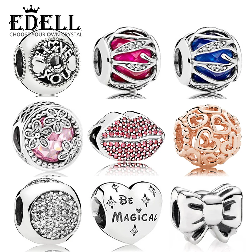 

EDELL 100% 925 Sterling Silver Heart-Shaped Charm Lips Zircon Multi-Faced Beads Bow Daisy Flowers Beaded DIY Bracelet Gift