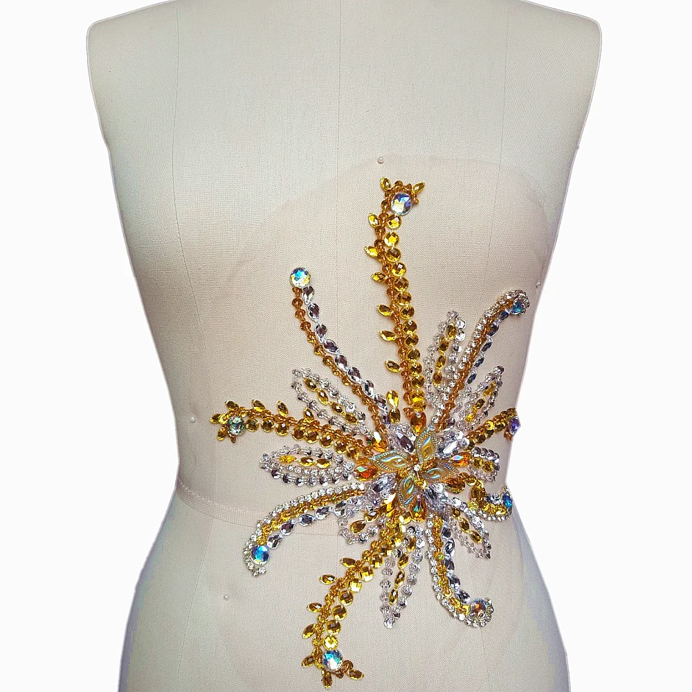 

YELLOW AB Couture Creative 24x30cm Patch Sew on Crystal Rhinestone Applique Stone Sequin Beads For Diy Wedding Dress Decoration