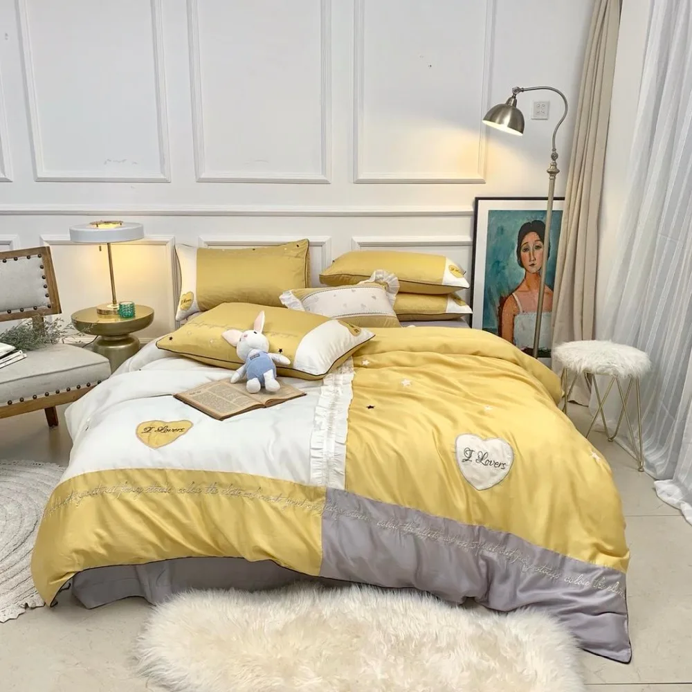 

High Quality Tencel Bedding Set Ruffle Bed Set Queen King size Bed Sheet Luxury Applique Embroidery Duvet Cover Set Bed Linen