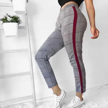 

Womens Stretch Skinny Pant Elastic Waist Stripe Plaid Slim Jeggings High Waist Pencil Pants Work Trousers For Women