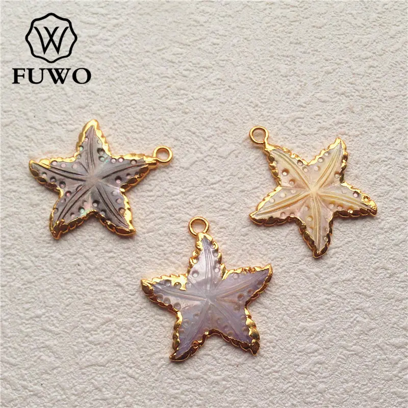 FUWO кулон в виде звезды из натуральной морской раковины 24 К золото Гальванизированный мини ручной резной кулон в виде морской звезды модное ювелирное изделие PD506