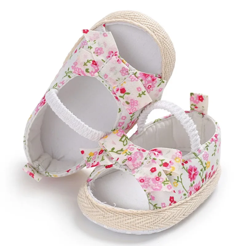 Летняя обувь принцессы для маленьких девочек; сникерсы на мягкой подошве с цветочным принтом и бантиком для малышей 0-18 месяцев - Цвет: B